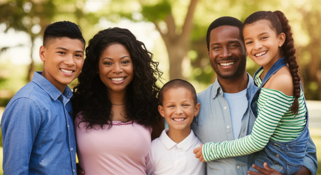 Happy family with parents and middle school age children smiling together